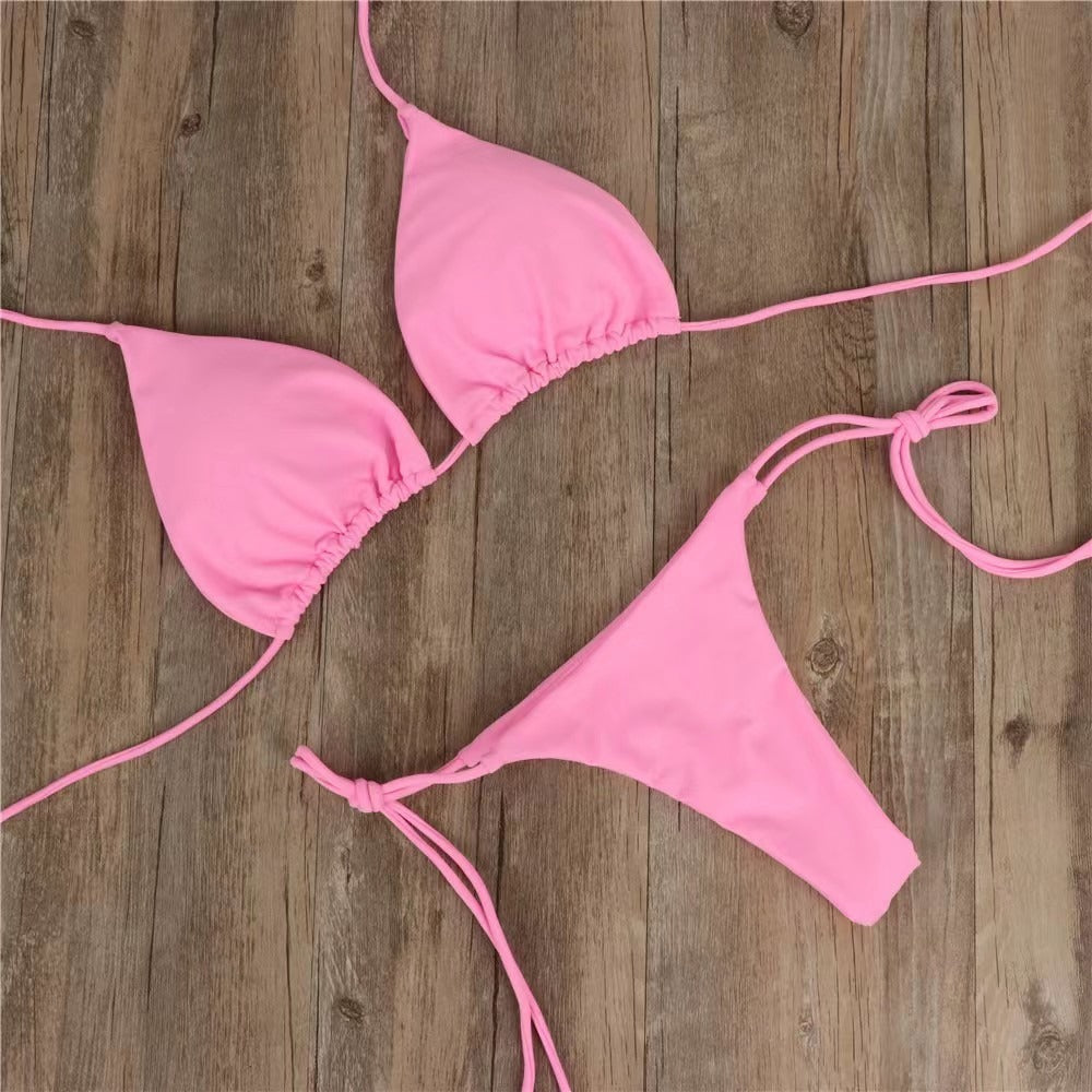 Düz renk ipli esnek bikini takım