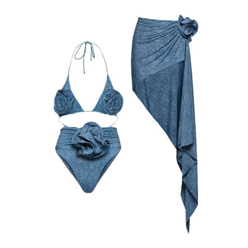 Çiçek figürlü ip bağlamalı bikini ve yarım pareo takım