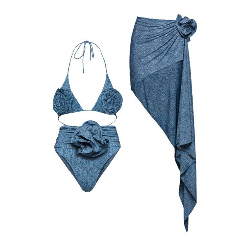 Çiçek figürlü ip bağlamalı bikini ve yarım pareo takım