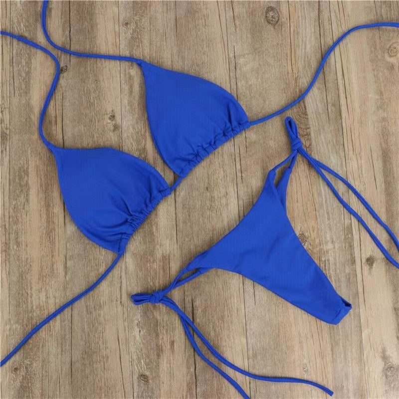 Düz renk ipli esnek bikini takım
