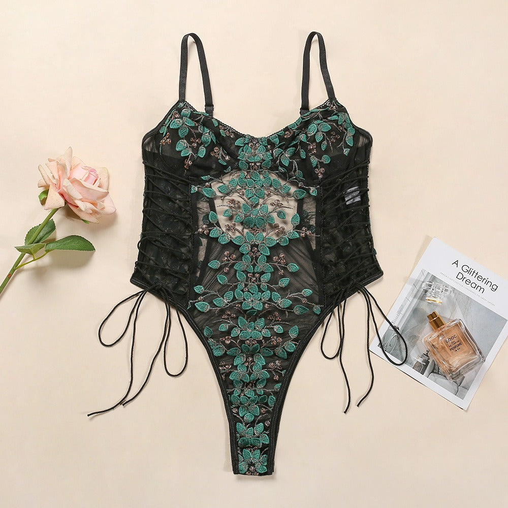 Çiçek desenli transparan ip bağlamalı bodysuit