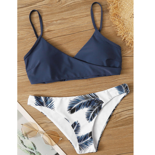 V yaka askılı desenli esnek bikini takım
