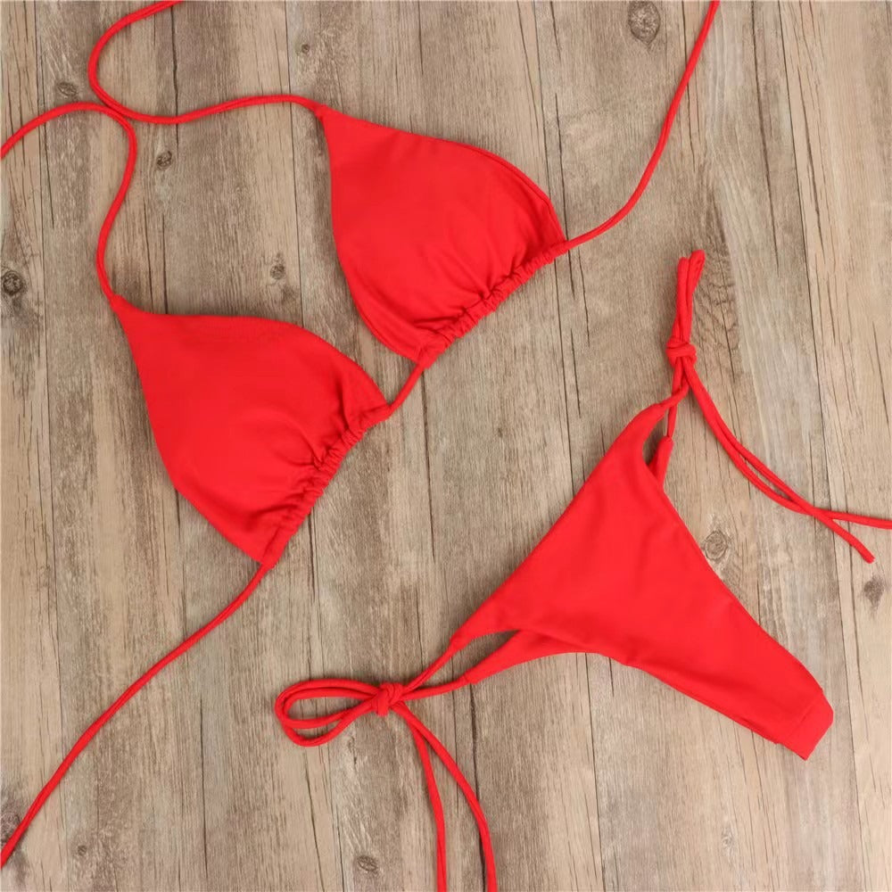 Düz renk ipli esnek bikini takım