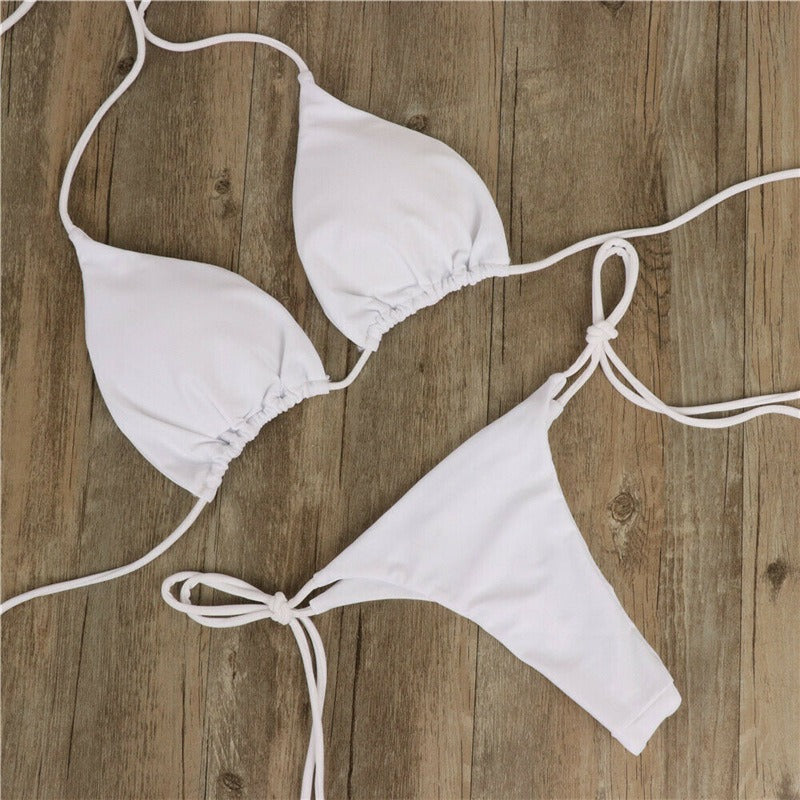 Düz renk ipli esnek bikini takım