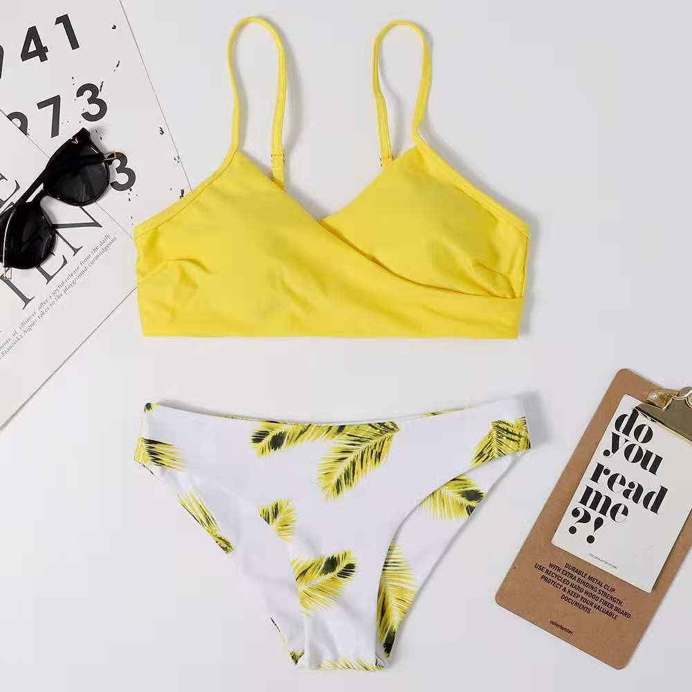 V yaka askılı desenli esnek bikini takım