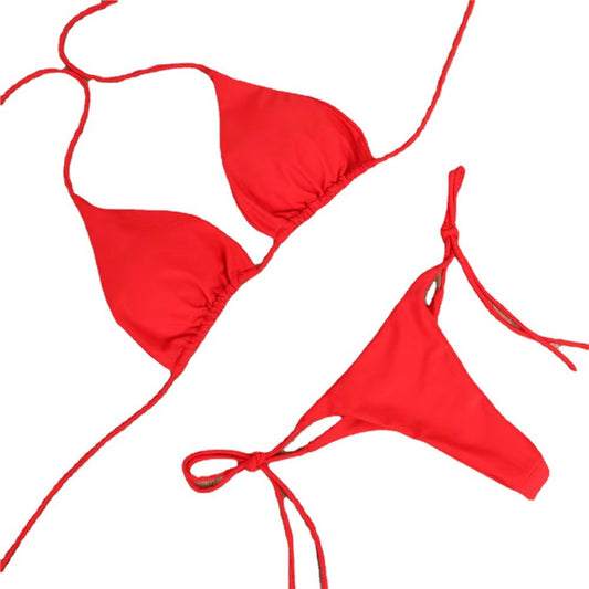 Düz renk ipli esnek bikini takım