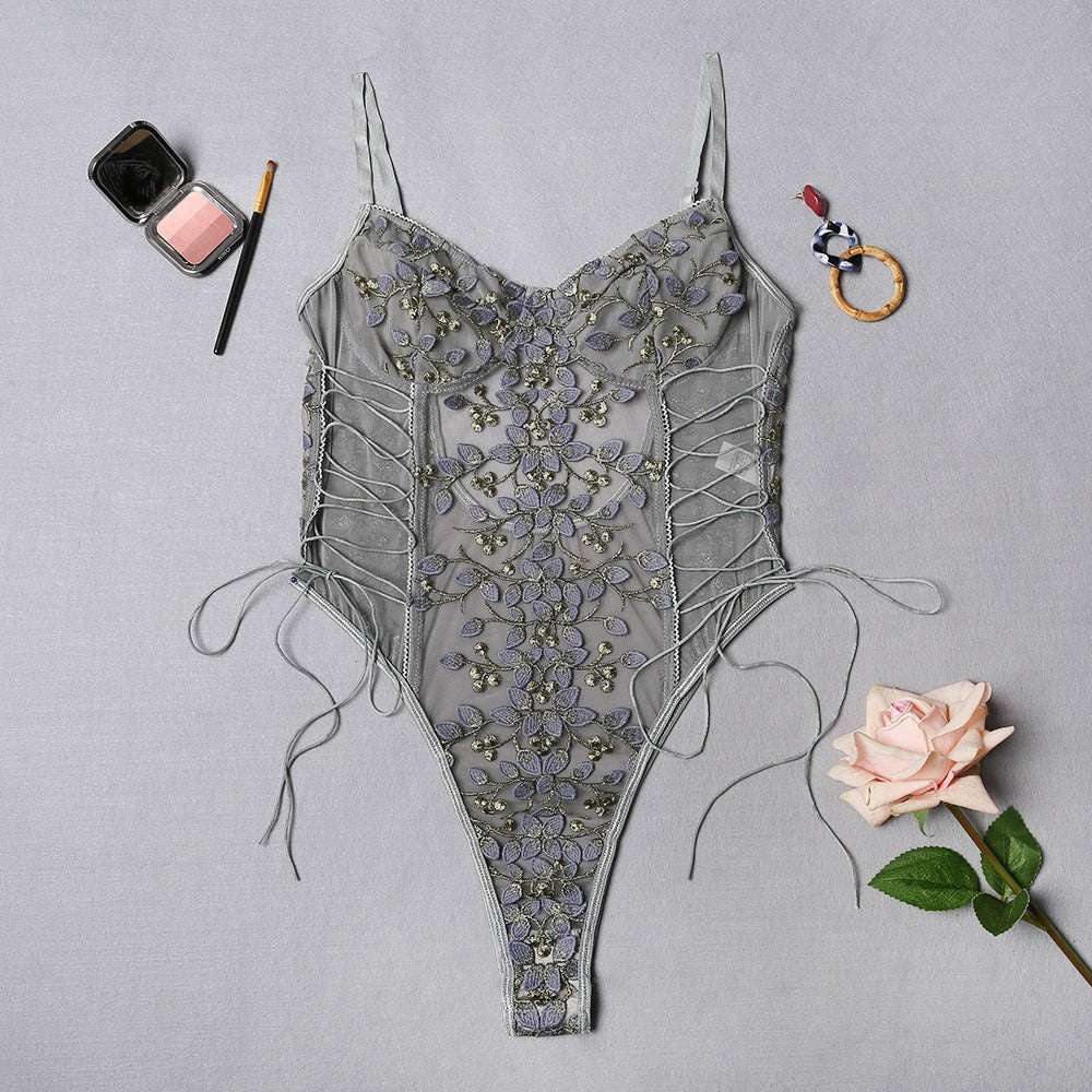 Çiçek desenli transparan ip bağlamalı bodysuit