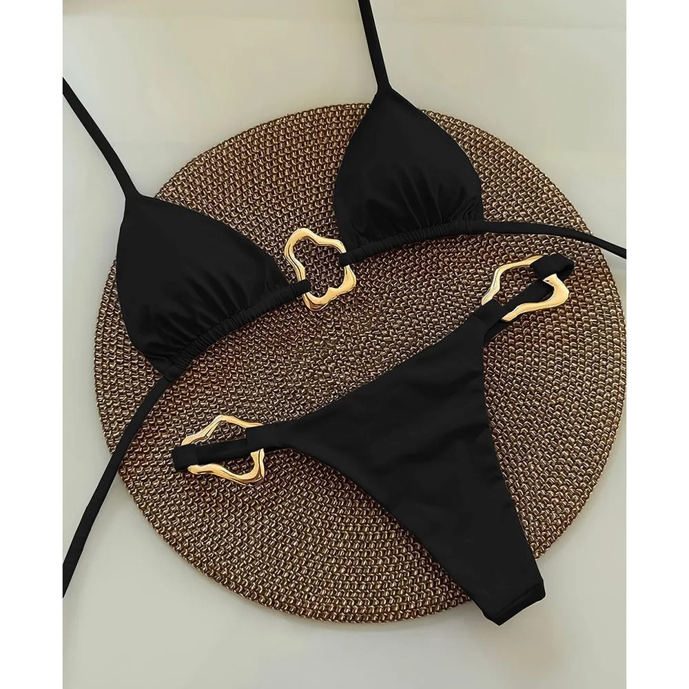 Metal halka aksesuarlı ip bağlamalı bikini takım