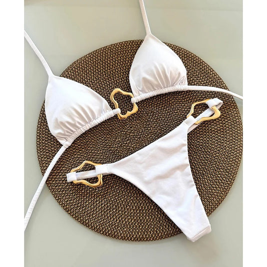 Metal halka aksesuarlı ip bağlamalı bikini takım