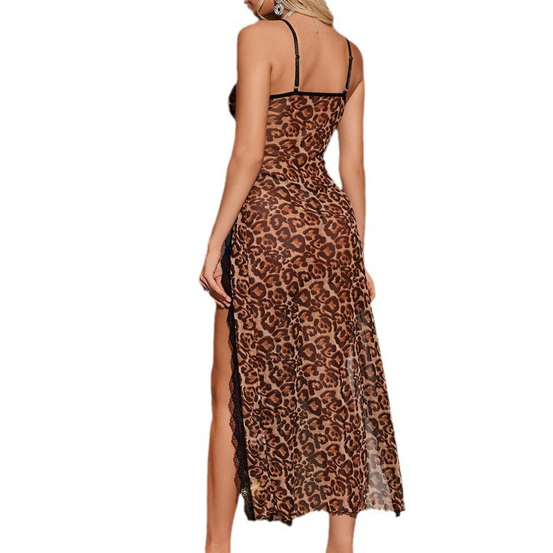 Transparan leopar desenli yırtmaçlı sexy gecelik
