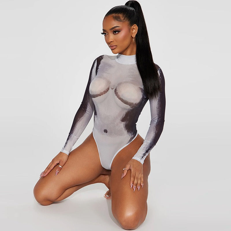 Slim fit uzun kollu transparan tulum bodysuit