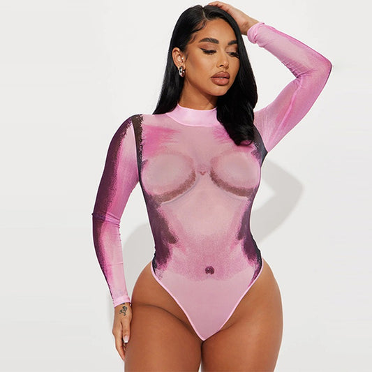 Slim fit uzun kollu transparan tulum bodysuit