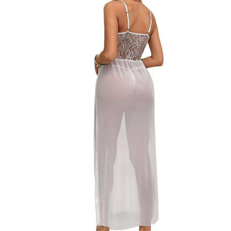 Transparan ip bağlamalı uzun sexy gecelik