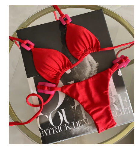 Metal halka aksesuarlı ip bağlamalı bikini takım
