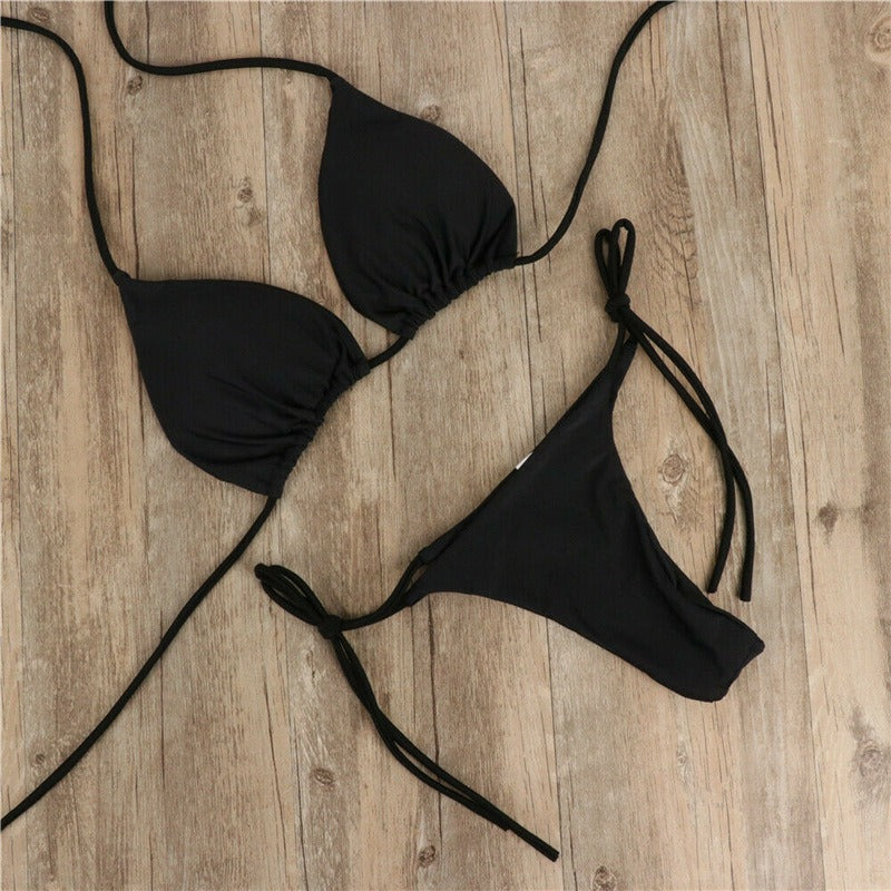 Düz renk ipli esnek bikini takım