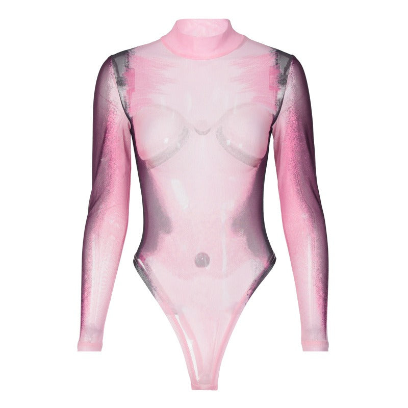 Slim fit uzun kollu transparan tulum bodysuit
