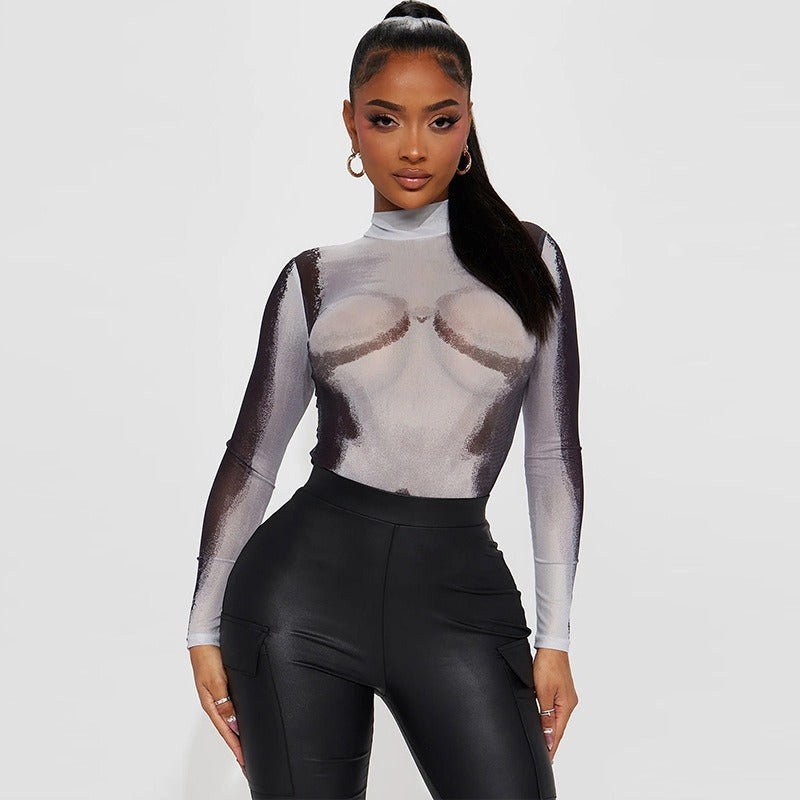 Slim fit uzun kollu transparan tulum bodysuit