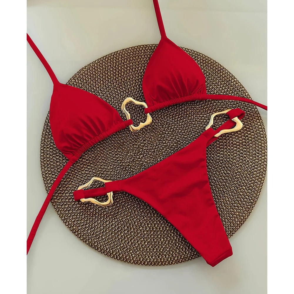 Metal halka aksesuarlı ip bağlamalı bikini takım