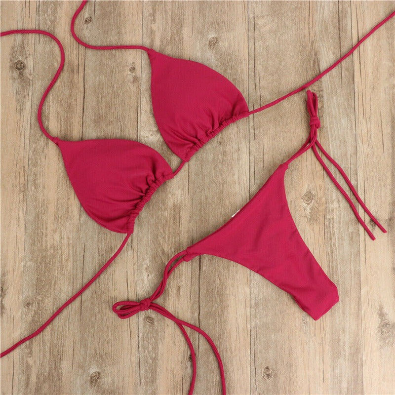 Düz renk ipli esnek bikini takım