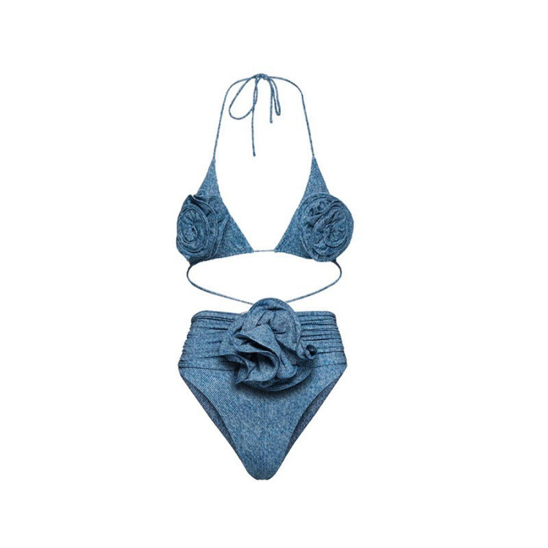Çiçek figürlü ip bağlamalı bikini ve yarım pareo takım
